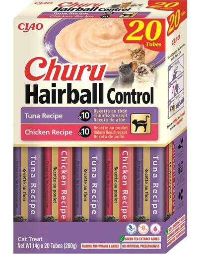 INABA Churu Cat Hairball 20x14g thon et poulet crémeux, un délice pour les chats