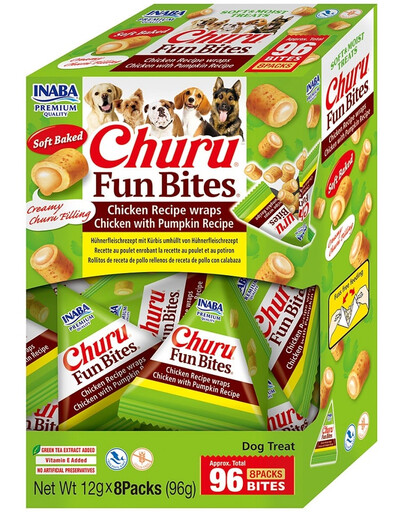 INABA Dog Churu Fun Bites Chicken with Pumpkin 8x12g wraps au poulet et à la citrouille pour chien