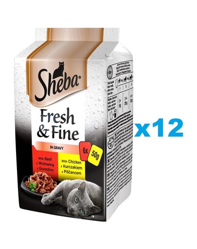 SHEBA sachet 72x50g Fresh & Fine nourriture complète humide pour chats adultes en sauce avec bœuf, poulet