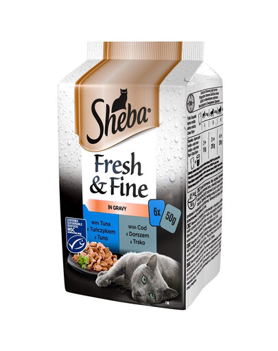 SHEBA sachet Fresh & Fine - nourriture humide pour chats en sauce (au saumon, au thon, au cabillaud) 6x50g
