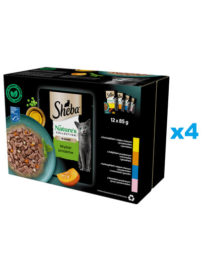 SHEBA Nature's Collection Flavour Selection 48x85 g nourriture complète humide pour chats adultes en sauce avec : poulet, dinde, thon, saumon