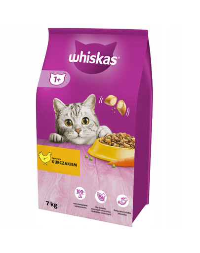 WHISKAS Adult - Nourriture sèche complète pour chats adultes avec du poulet - 7 kg