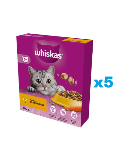 WHISKAS Adult 5x800 g nourriture sèche complète avec du poulet délicieux pour les chats adultes