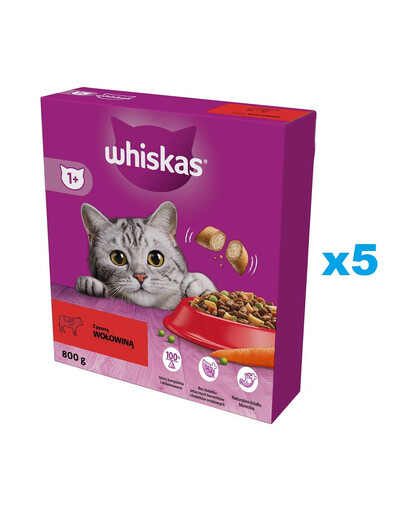 WHISKAS Adult 5x800g nourriture sèche complète pour chats adultes avec du bœuf délicieux