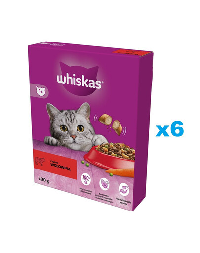 WHISKAS Adult 6x300g croquettes pour chat avec du délicieux boeuf