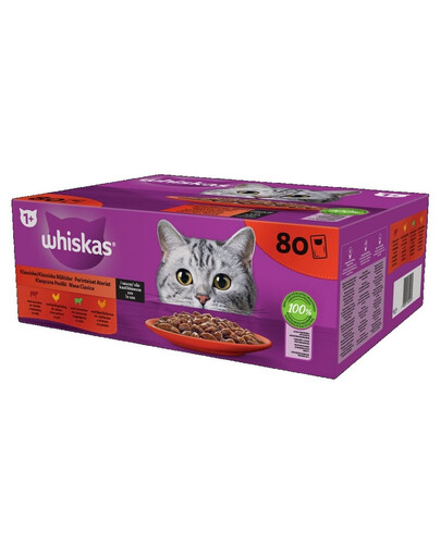 WHISKAS Adult sachet 80x85g Classic Meals nourriture complète humide pour chats adultes en sauce avec du bœuf, du poulet, de l'agneau et de la volaille.