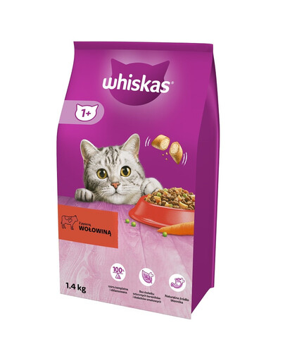 WHISKAS Adult 1,4 kg nourriture sèche complète pour chats adultes avec du bœuf délicieux