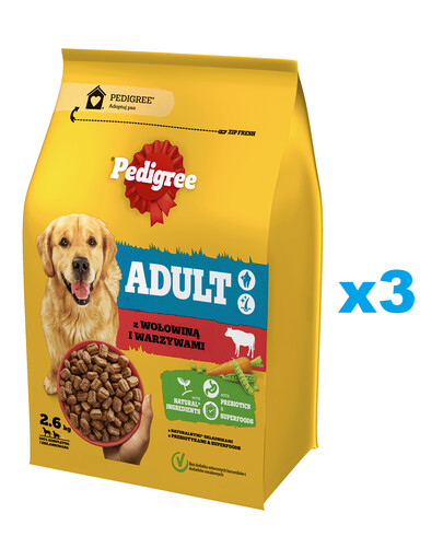 PEDIGREE Adult 3x2,6 kg avec bœuf et légumes aliment complet sec pour chiens adultes de grande et moyenne taille