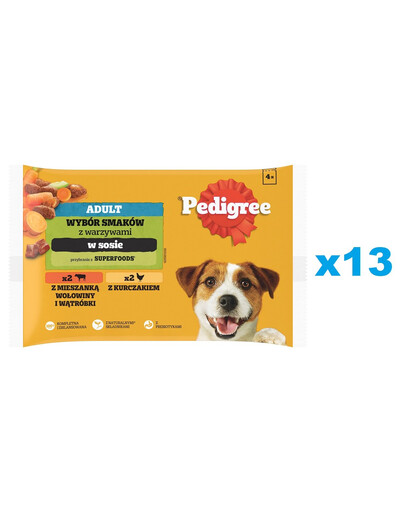 PEDIGREE Sélection de saveurs avec légumes en sauce 52x100g nourriture humide pour chien morceaux riches en poulet et riches en mélange de bœuf et de foie