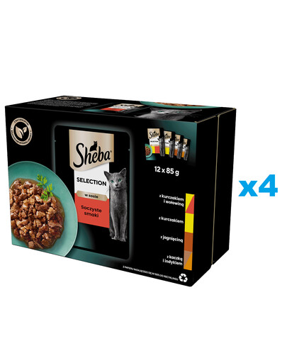 SHEBA Selection Juicy Flavours sachets 48x85g nourriture complète humide pour chats adultes en sauce avec poulet et bœuf, poulet, agneau, canard et dinde