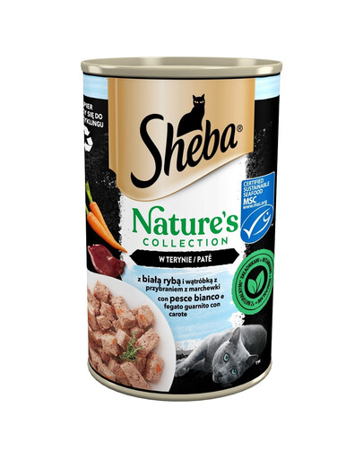 SHEBA 400 g Nature's Collection boîte de conserve de poisson blanc et de foie avec garniture de carottes en terrine