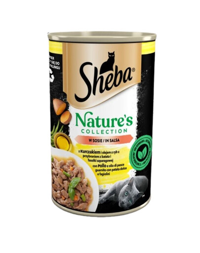 SHEBA Boîte de 400 g Nature's Collection avec du poulet et de l'huile de poisson avec un plat d'accompagnement d'igname et de haricots verts en sauce