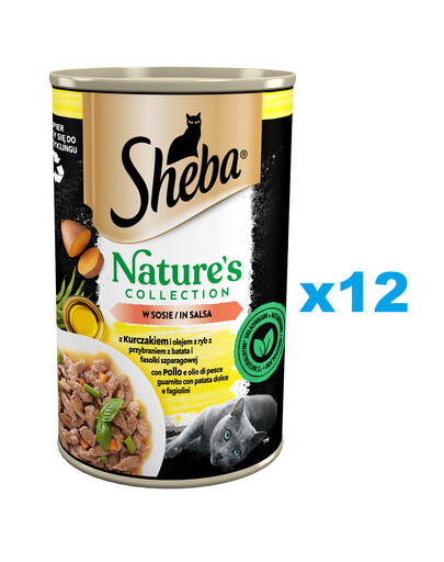 SHEBA boîte 12x400 g Nature's Collection aliment complet humide pour chats adultes avec du poulet et de l'huile de poisson avec un plat d'accompagnement d'igname et de haricots verts en sauce