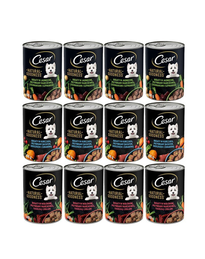 CESAR boîte 12x400g - Aliment complet humide pour chiens adultes (à l'agneau et aux légumes, au bœuf et aux légumes, au poulet et aux légumes)