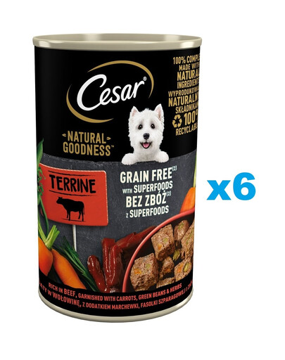 CESAR Natural Goodness en barquette de 6 x 400 g, riche en bœuf avec des carottes, des haricots verts et des herbes aromatiques