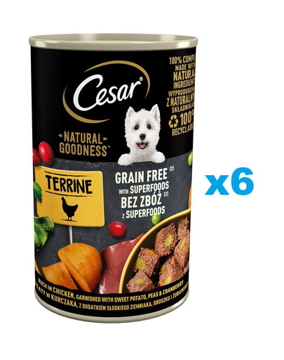CESAR Natural Goodness en sachet de 6 x 400 g, riche en poulet avec des patates douces, des petits pois et des canneberges