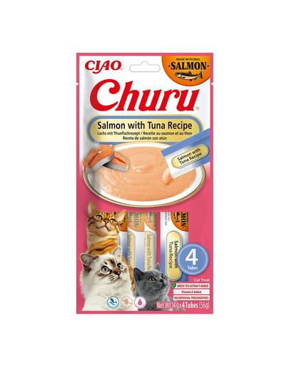 INABA Churu Cat Salmon with Tuna 4x14g Une friandise crémeuse pour chat au goût de saumon et de thon
