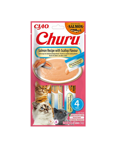 INABA Churu Cat Salmon with Scallop 4x14g une friandise crémeuse pour chat au goût de saumon et de coquilles Saint-Jacques