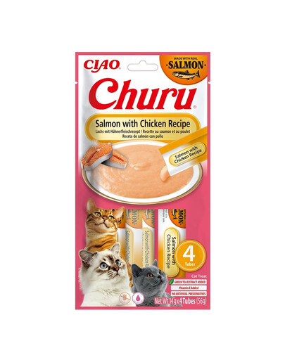 Churu Cat SalmINABA Churu Cat Salmon with Chicken 4x14g une friandise crémeuse pour chat au goût de saumon et pouleton with Chicken 4x14g kremowy przysmak dla kota o smaku łososia i kurczaka