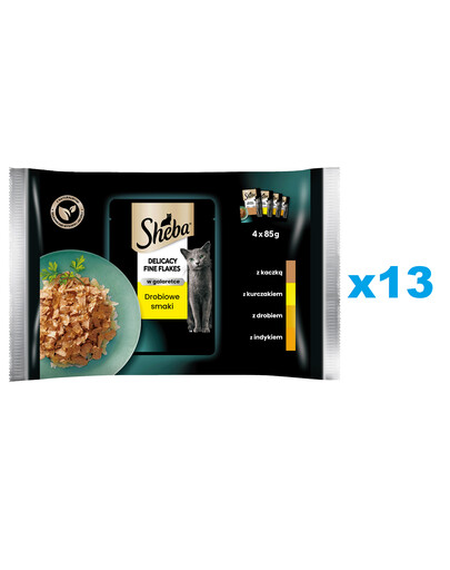 SHEBA Delicacy Fine Flakes Poultry Flavour Sachets 52x85g aliment complet humide pour chats adultes en morceaux gélifiés avec : canard, poulet, volaille, dinde