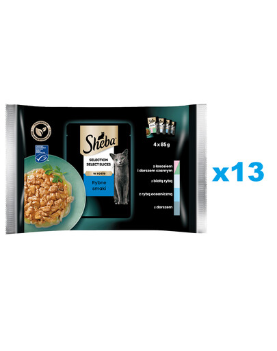 SHEBA Selection Select Slices Fish Flavours 52x85g nourriture complète humide pour chats en morceaux en sauce avec du saumon et de la morue noire, du poisson blanc, du poisson de mer, de la morue