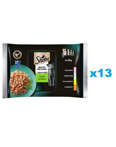 SHEBA Delicacy Fine Flakes Choice of flavours sachets 52x85g aliment complet humide pour chats adultes en morceaux gélifiés avec : saumon, poisson blanc, poulet, dinde