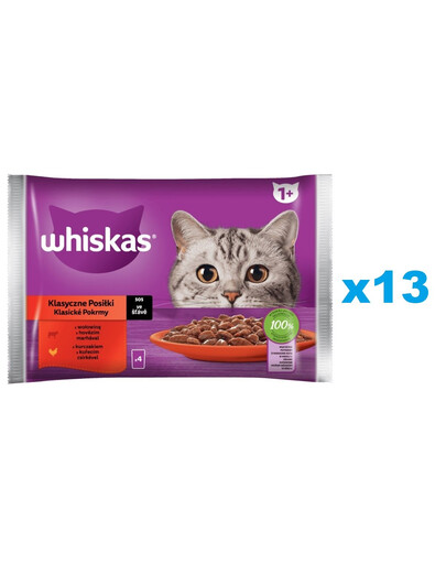 WHISKAS Adult sachet 52x85g Classic Meals nourriture humide pour chats adultes en sauce avec : bœuf, poulet