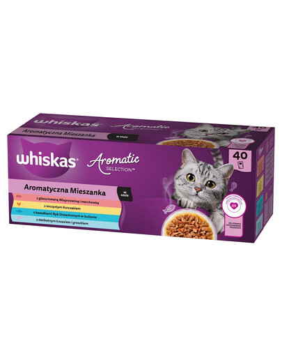 WHISKAS Adult Aromatic Mixture Sachets 40x85g nourriture complète humide pour chats adultes en sauce avec du porc laqué et des carottes, du poulet juteux, des morceaux de poisson de mer en bouillon, du saumon tendre et des petits pois.
