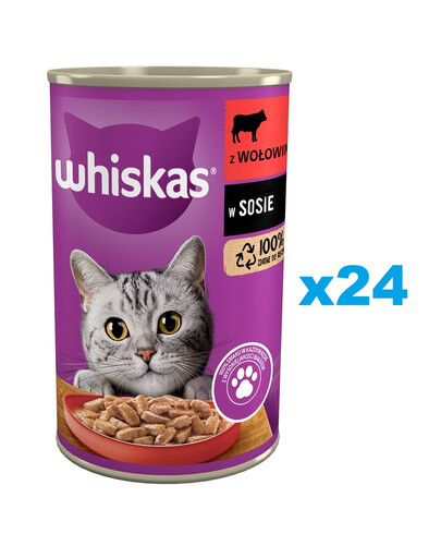 WHISKAS Adult 24x400 g nourriture complète humide pour chats adultes avec bœuf en sauce