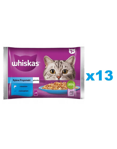 WHISKAS Adult sachet 52x85g Fishy Treats nourriture humide pour chats adultes en gelée avec : saumon, thon