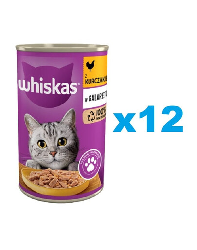 WHISKAS Adult boîte 12x400 g - nourriture complète humide pour chats adultes, morceaux de poulet en gelée