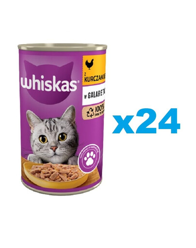 WHISKAS Adult boîte 24x400 g - nourriture complète humide pour chats adultes, morceaux de poulet en gelée