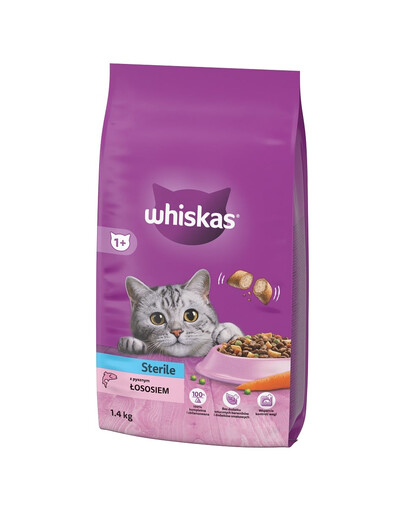 WHISKAS Stérile 1,4 kg d'aliments complets secs pour chats adultes après castration avec du saumon délicieux
