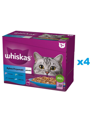WHISKAS Adult sachet 48x85g Fish Treats nourriture humide pour chats adultes en gelée avec : saumon, thon, cabillaud, poisson blanc