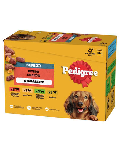 PEDIGREE Senior Choix des saveurs sachets 12x100 g nourriture humide complète pour chiens adultes avec un mélange de bœuf et de foie, avec du poulet, avec un mélange d'agneau et de foie, avec de la volaille en gelée