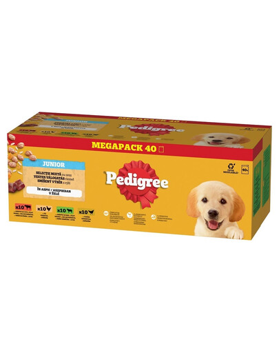 PEDIGREE Junior Choix de Saveurs avec riz sachets 40x100 g nourriture humide complète pour chiots morceaux avec un mélange de bœuf et de foie et riz, avec poulet et riz, avec un mélange d'agneau et de foie et riz, avec volaille et riz en gelée