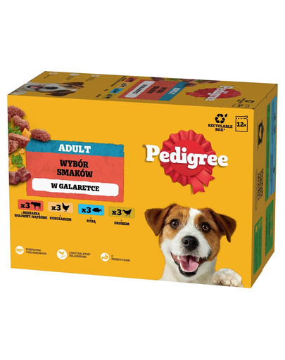 PEDIGREE Adult Choix de Saveurs sachets 12x100 g nourriture humide complète pour chiens adultes avec un mélange de bœuf et de foie, avec du poulet, avec du poisson, avec de la volaille en gelée