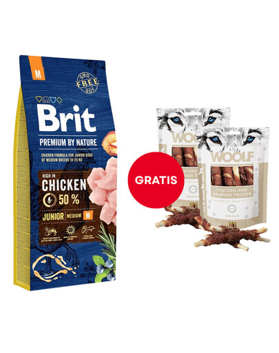 BRIT Premium By Nature Junior Medium M Chicken 15 kg + WOOLF Chicken And Rawhide Twister 2 x 100g GRATUITES