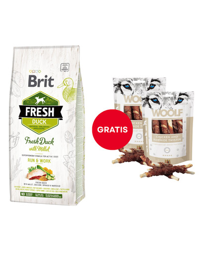 BRIT Fresh duck with millet active run & work 12 kg + WOOLF Chicken And Rawhide Twister 2 x 100g suszona skóra owinięta kurczakiem GRATIS