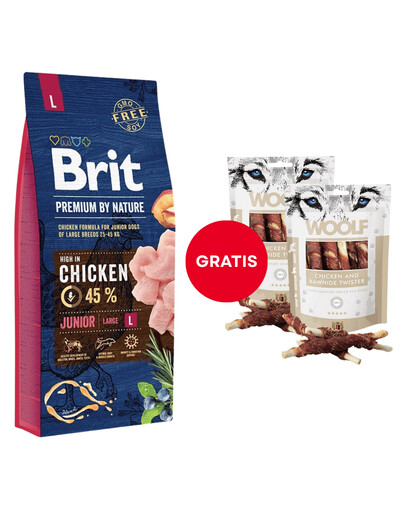 BRIT Premium By Nature Junior Large L Chicken 15 kg + WOOLF Chicken And Rawhide Twister 2 x 100g GRATUITES