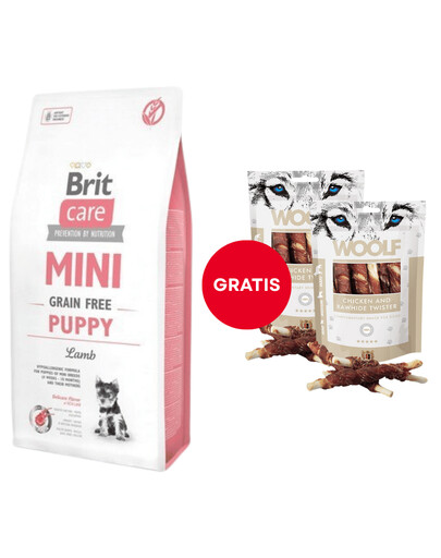 BRIT Care Mini Grain Free Mini Puppy lamb 7 kg + WOOLF Chicken And Rawhide Twister 2 x 100g suszona skóra owinięta kurczakiem GRATIS
