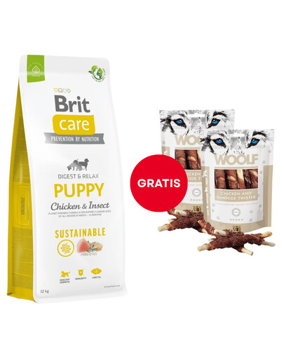 BRIT Care Sustainable Puppy croquettes au poulet et aux insectes 12 kg + WOOLF Chicken And Rawhide Twister 2 x 100g GRATUITES