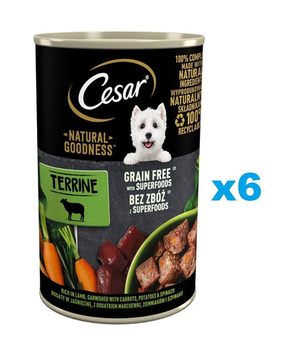 CESAR Natural Goodness en boîte de 6 x 400 g, riche en agneau, avec des carottes, des pommes de terre et des épinards