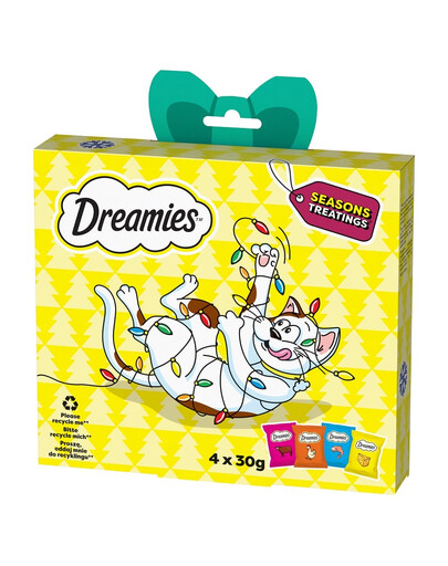 DREAMIES Coffret cadeau pour chat 120g nourriture complémentaire avec du bœuf, du poulet, du fromage et au goût de saumon pour les chats adultes et les chatons de plus de 8 semaines.
