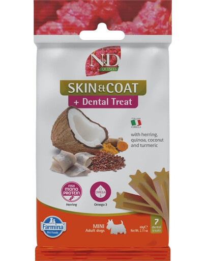 FARMINA N&D Quinoa Dental Treat Skin Coat Herring Mini 60 g (7 pièce) friandise dentaire pour chiens de petites races