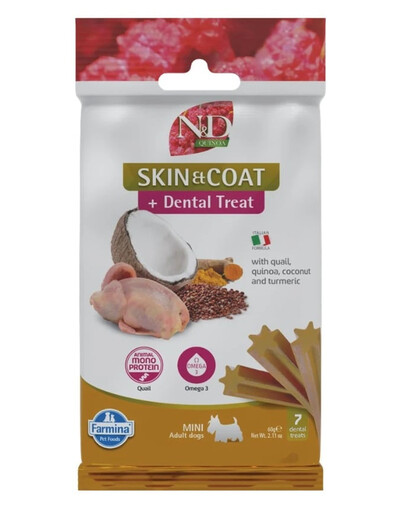 FARMINA N&D Quinoa Dental Treat Skin Coat Quail Mini 60 g (7 pièce) friandise dentaire pour chiens de petites races
