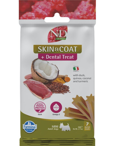 FARMINA N&D Quinoa Dental Treat Skin Coat Duck Mini 60 g (7 pièce) friandise dentaire pour chiens de petites races