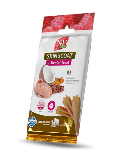 FARMINA N&D Quinoa Dental Treat Skin Coat Quail Medium/Maxi 100 g (7 pièce) friandise dentaire pour chiens moyens et grands