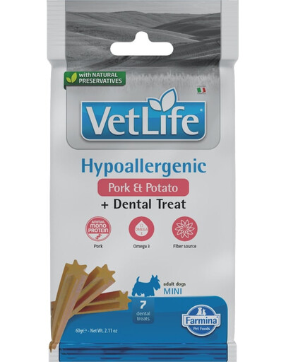 FARMINA Vet Life Dental Treat Hypoallergenic Pork Mini 60 g (7 pièce) friandise dentaire pour chiens de petites races