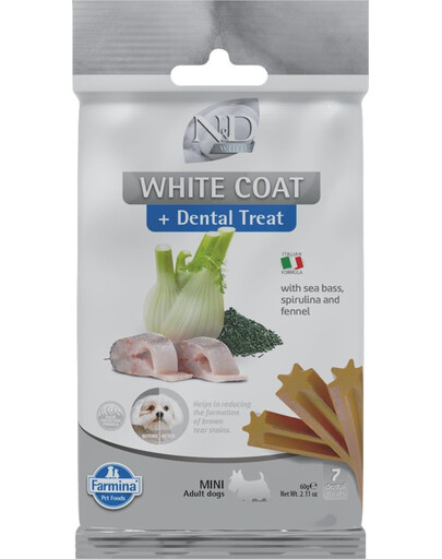 FARMINA N&D White Dental Treat Coat Sea bass Mini 60 g (7 pièce) friandise dentaire pour chiens de petites races